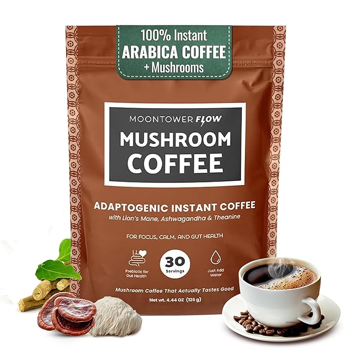 Moontower Organic Mushroom Coffee - Instant Adaptogenic Blend with Lion's Mane Ashwagandha L-Theanine &amp Prebiotic Inulin for Focus Calm Energy &amp Gut Health - Real Ground Coffee - 30 Serving