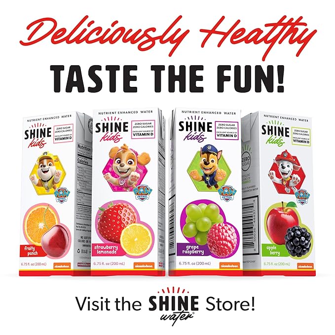 Shine Water x Paw Patrol Fruit Punch Kids Juice Boxes with Vitamin D 32-Pack | No Added Sugar | Naturally Flavored Drinks for Kids | Vegan Gluten Free Zero Calorie Hydration