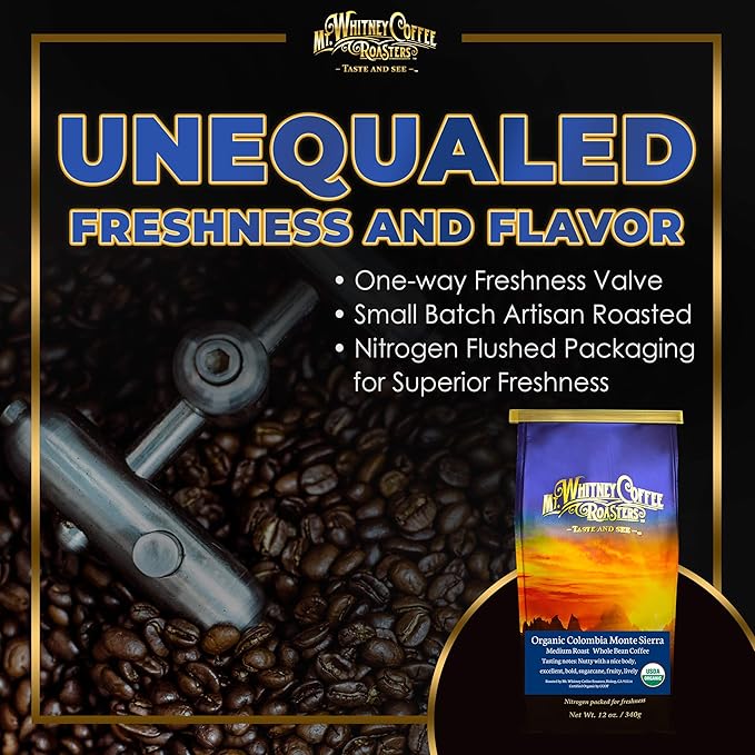 Mt. Whitney Colombia Monte Sierra Organic Single Origin Medium Dark Roast Smooth Full Flavored Low Acid Coffee (Whole Bean 12 Oz)