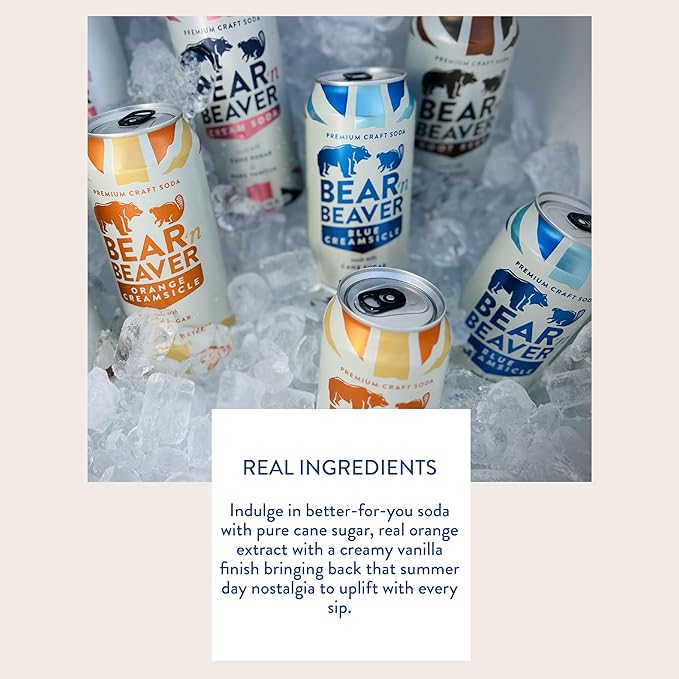 Bear 'n Beaver Premium Orange Creamsicle Craft Soda Soft Drinks - 100% Cane Sugar &amp Orange Extract - Vegan &amp Gluten-Free Bold Caffeine Free Flavor for Mocktails Floats Mixing - 12 Pack of 16