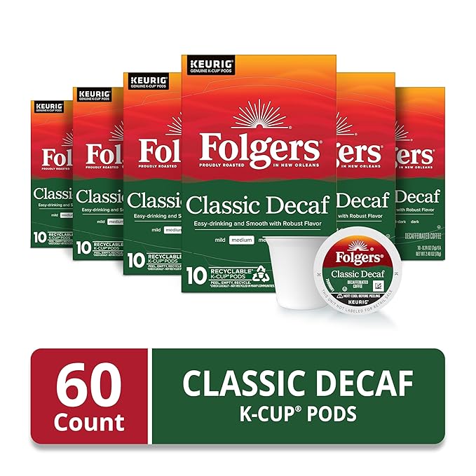 Folgers Classic Decaf Coffee Keurig K-Cup pods Medium Roast 10 Count Box (Pack of 6)