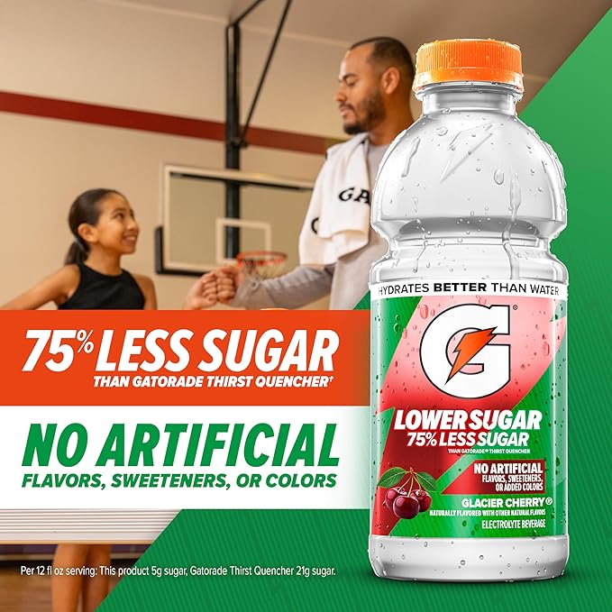 Gatorade Lower Sugar Electrolyte Sports Drink Rain Berry 12 fl oz Bottles (6 Pack) 75% Less Sugar No Artificial Flavors No Artificial Sweeteners No Artificial Colors Hydration