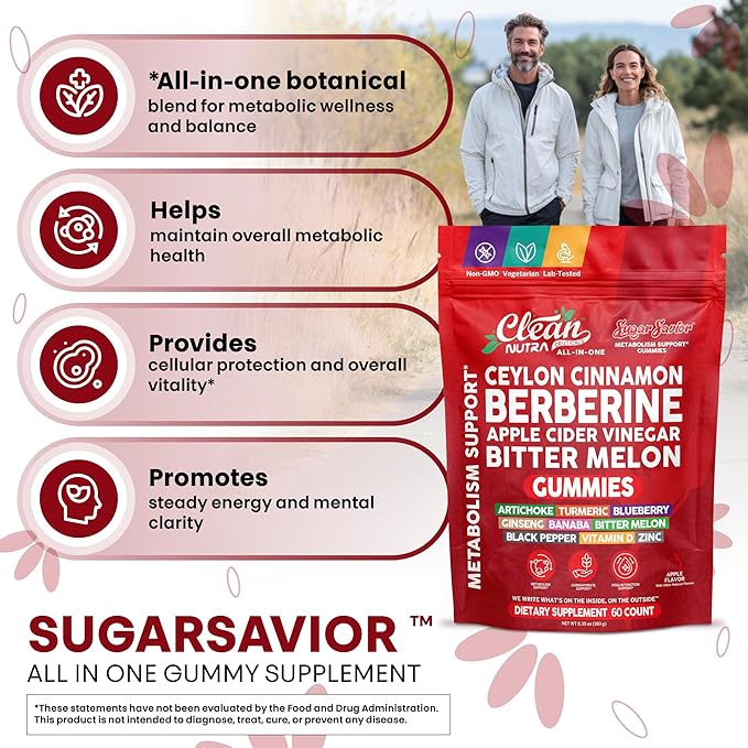 Sugar Savior Ceylon Cinnamon Berberine Gummies Apple Cider Vinegar Artichoke Turmeric Blueberry Ginseng Banaba Bitter Melon Black Pepper Vitamin D Zinc GLP1 Gummies 60 Count by Clean Nutra
