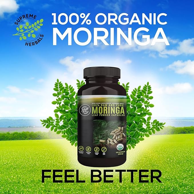 100% Raw and Pure Moringa Leaf Powder Capsules. Organic Certified Moringa Leaf. Natural Superfood with Essential Amino Acids Antioxidants and Omega 3 500mg 120 Capsules.