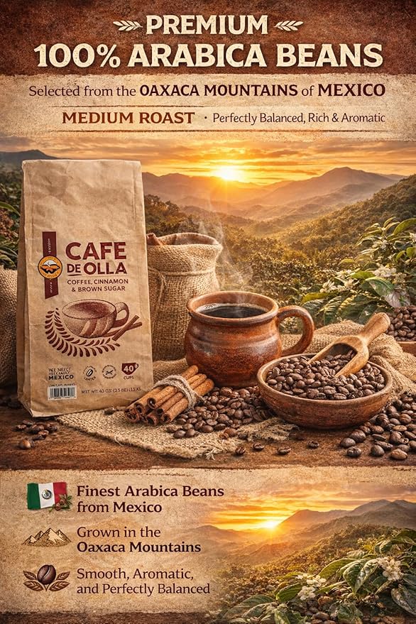 Mexican Cafe Ground Coffee - Cinnamon Brown Sugar Arabica Blend Pre-Sweetened 40oz (40 Cups) Hot/Iced