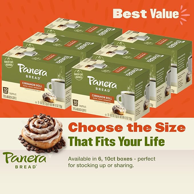 Panera Bread Cinnamon Roll Coffee Cups - Medium Roast Single Serve Pods 100% Arabica No Artificial Flavors Bakery-Cafe Inspired Keurig Compatible 60 Single Serve Pods (6 Packs of 10)