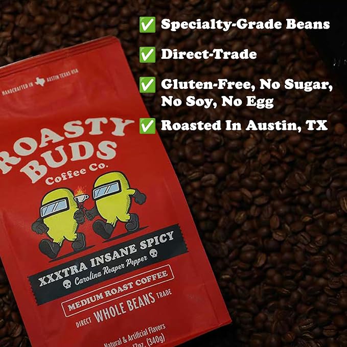 Roasty Buds XXXtra Spicy Carolina Reaper Coffee | Premium Arabica Whole Beans The Original Spicy Coffee (12 oz) | Gluten-Free No Sugar/Dairy/Soy/Egg Medium Roast Coffee (12 Ounce XXXtra Spicy Caro