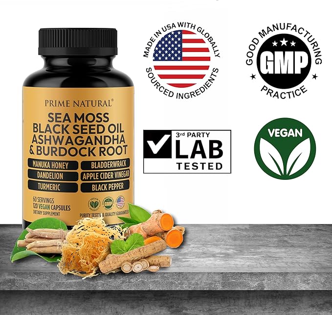 PRIME NATURAL Sea Moss 300mg Black Seed Oil 200mg Ashwagandha 100mg Turmeric Bladderwrack Burdock Manuka Honey Dandelion ACV - 120 Capsules | 60 Days Supply | Vegan