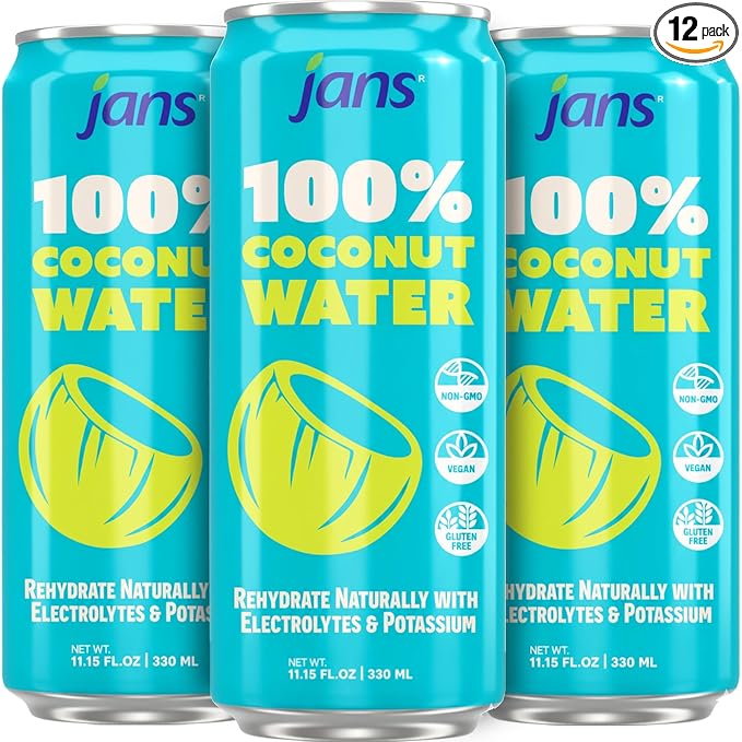 Jans 100% Coconut Water No Added Sugar 11.15oz (Pack of 12) Pure Coconut Refreshment Vegan Gluten-Free Hydration with Electrolytes