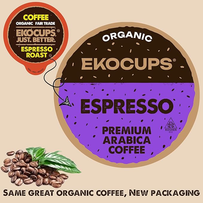 EKOCUPS Organic Espresso Coffee Pods Extra 30% More Coffee Per Cup Fair Trade Dark Roast Coffee Pods Espresso Roast for Keurig K Cup Machines Recyclable Pods 80 Count