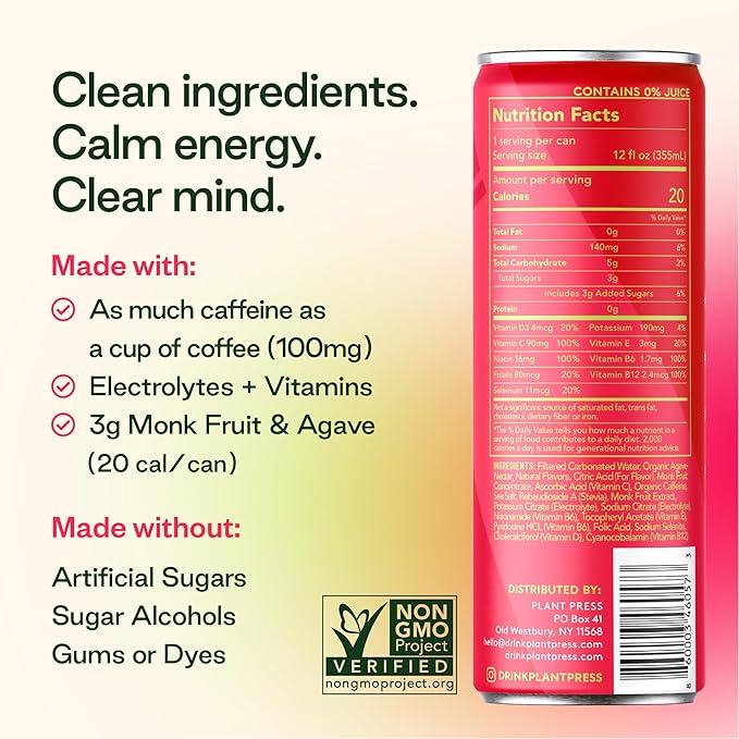 Plant Press - Organic Energy Drink 100 mg Caffeine Clean Coffee Alternative Full Range of Vitamins Electrolytes No Sugar Alcohols No Preservatives (12 Fl Oz (Pack of 12) Watermelon)