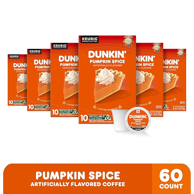 Dunkin’ Pumpkin Spice Coffee Limited Edition Fall Coffee K Cup Pods  10 Count Boxes (Pack of 6)