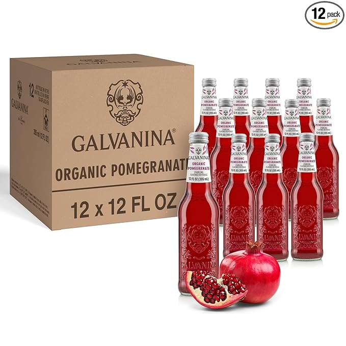 Galvanina Pomegranate – Premium Organic Italian Sparkling Soda 12 fl oz (12 Glass Bottles) | Made with Organic Mediterranean Pomegranates Naturally Refreshing Italian Soft Drink.