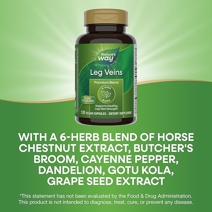 Nature's Way Leg Veins Supports Healthy Leg Vein Strength* 6-Herb Blend With Horse Chestnut Extract Dandelion Gluten Free 120 Vegan Capsules (Packaging May Vary) - 2 Pack