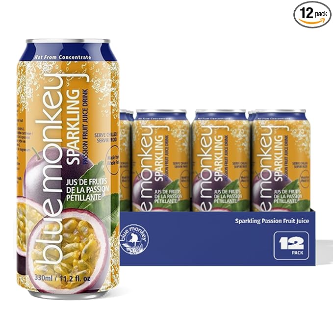 Blue Monkey Sparkling Passion Fruit Juice - Real Fruit Juice No Sugar Added All Natural Lightly Carbonated Halal Certified - Refreshing Tropical Sparkling Water Alternative - 11.2oz (330ml) 12 Pac