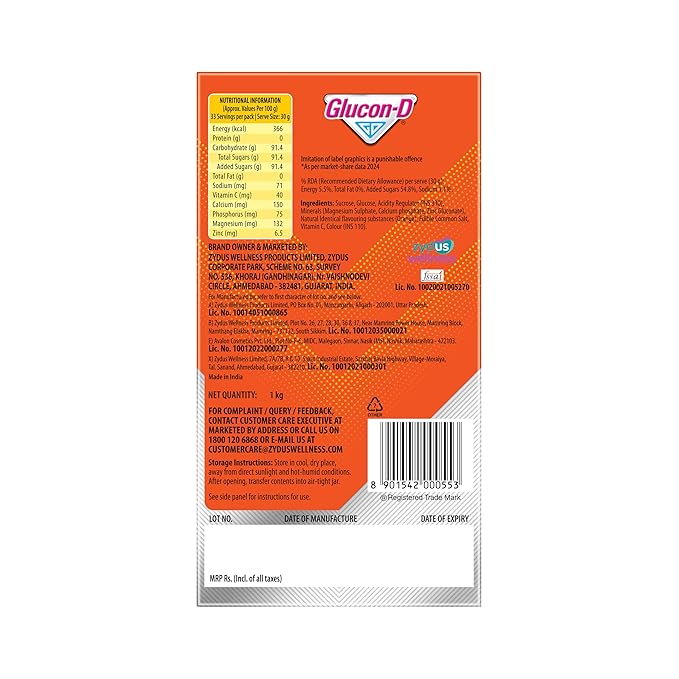 Glucon-D Instant Energy Health Drink Tangy Orange - 1kg Refill with free bottle