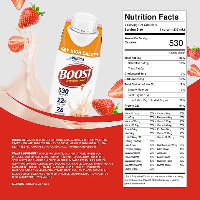 Boost Very High Calorie Strawberry Nutritional Drink – 22g Protein 530 Nutrient Rich Calories 8 Fl Oz (Pack of 24)