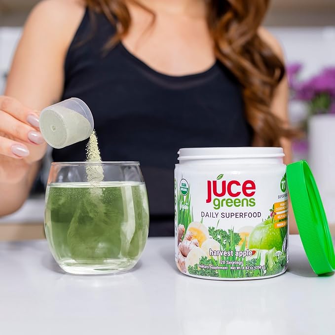 Terra Kai Organics JUCE Green Superfood Powder Organic Fruits and Veggies Supplement W/ 77 Superfoods Plus Prebiotic Probiotic Blend Harvest Apple Flavor - 20 Servings (250 g)