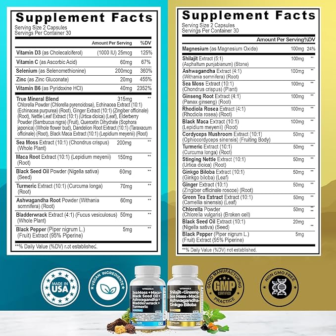 Vitamax Pure Himalayan Shilajit Supplement Sea Moss Ashwagandha Bladderwrack Gingko Biloba Organic Capsules &amp Trace Mineral for - Non-GMO - Vegan - Men and Women – Made in USA