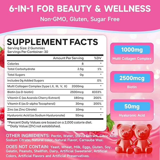 2 Pack Collagen Peptide Gummies for Women &amp Men Collagen Protein Type IIIIIIVX with Biotin Vitamin C D Hydrolyzed Collagen Supplement for Skin Hair Nails Raspberry Flavor 120 Count
