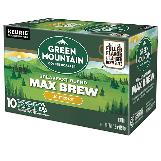 Green Mountain Coffee Roasters Breakfast Blend Max Brew Single Serve Keurig K-Cup Pods Light Roast Coffee 60-Count Box (6 Packs of 10)