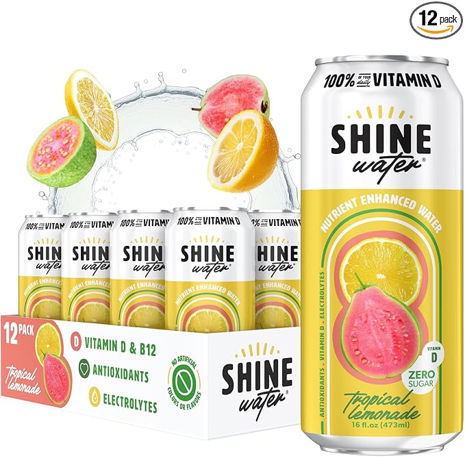 Shine Water Tropical Lemonade Vitamin D Electrolyte Drinks 12-Pack Sugar Free Flavored Water with Magnesium Zinc &amp Antioxidants Low Calorie Hydration Beverage Plant-Based Vitamin Water Zero Su