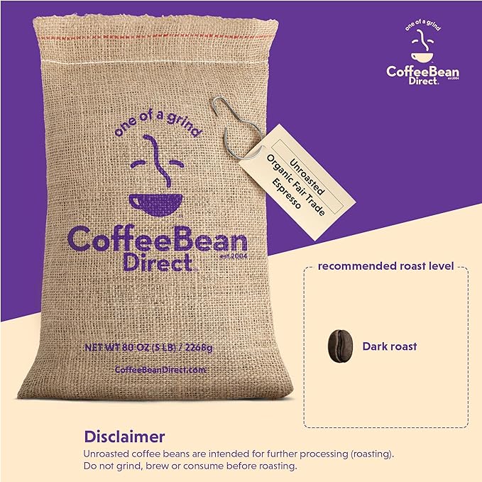Coffee Bean Direct Unroasted Organic Fair Trade Espresso 5 Pound (Pack of 1)