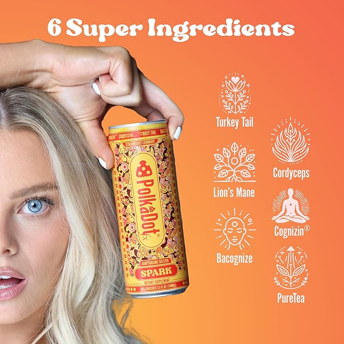 Polkadot Spark Seltzer Strawberry Lemonade Flavor Sparkling Drink with L-Theanine Lion’s Mane Ginkgo and Green Tea Zero Sugar Beverage 12 FL Oz