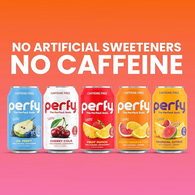 PERFY Caffeine Free Tropical Citrus Soda | Made With Real Fruit Juice – Low Sugar Nootropic Drink with L-Theanine + Turmeric | Calming Adaptogen Mocktail | Keto + GLP-1 Friendly | Sweetened with Stevi