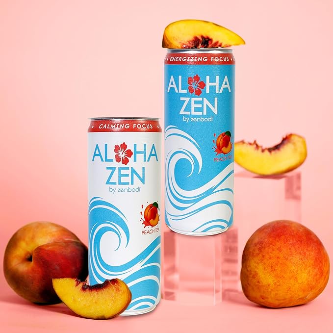 Zenbodi Aloha Zen Peach Tea - AWAKEN Functional Beverage - 12 Pack Energy Drink Zero Sugar Energy Drinks with L-Alpha GPC Caffeine and L-Theanine