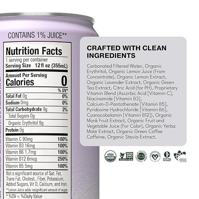 Marquis Natural Energy Drinks Sugar Free Zero Calories 100mg Organic Plant Based Caffeine Yerba Mate Green Tea &amp Green Coffee - Vitamin C &amp B - Lemon Lavender Healthy Energy Drink - 12oz Cans
