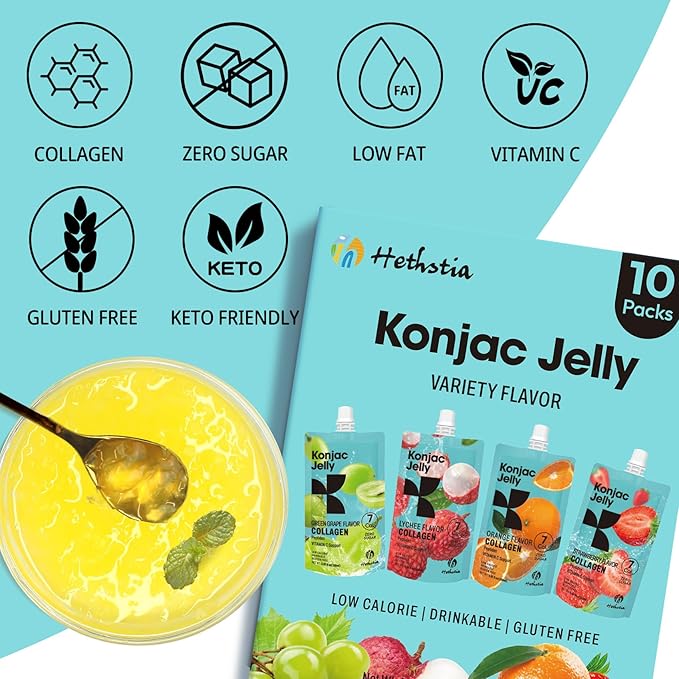 Hethstia Konjac Jelly Collagen Peptides Various Flavors - Lychee Green Grape Strawberry &amp Orange | Low Calorie Sugar-Free Keto Gluten-Free Vitamin C | 10-Pack Portable Healthy Snacks