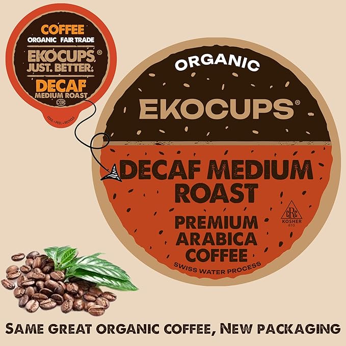 EKOCUPS Organic Swiss Water Decaf Medium Roast Coffee Pods 30% More Coffee Per Cup Fair Trade Decaffeinated Coffee for Keurig K Cup Machines Recyclable Pods 40 Count