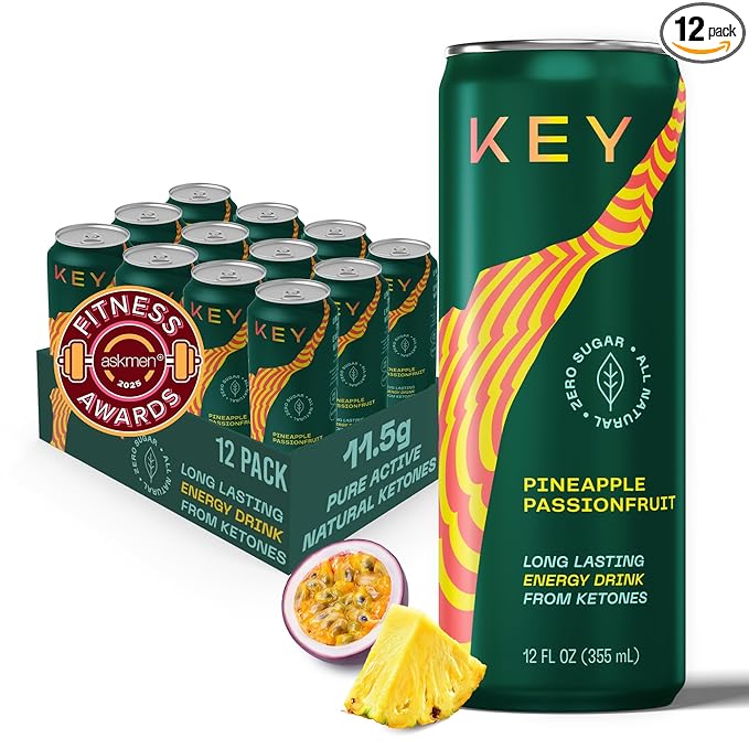 KEY Ketone Drink - Ketones for Energy &amp Focus Sugar Free &amp Low Caffeine from Green Tea with L-Theanine No Crash or Jitters All Natural Lightly Carbonated Pineapple Passionfruit (Pack of 1