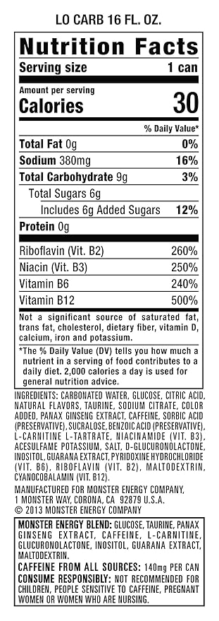 Monster Energy Lo-Carb Monster Low Carb Energy Drink 16 Ounce | Pack of 12