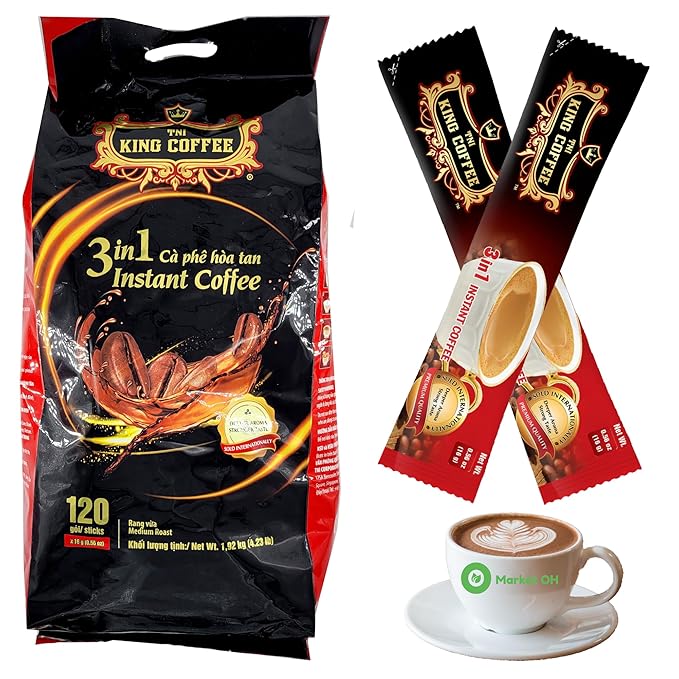 TNI King Coffee 3 in 1 Instant Vietnamese Coffee 120 Single Serve Packets - Individual Wrapped Pocket Size Sachet Sticks Cream Powder and Sugar - Bulk Size Pack