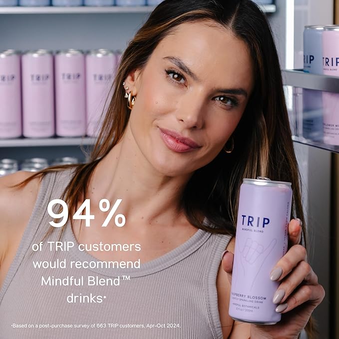 TRIP Lightly Sparkling Adaptogen Drink Non Alcoholic Drink with Magnesium Ashwagandha Lions Mane &amp L Theanine No Added Sugar Mocktail Vegan Elderflower Mint 12 Oz 12Pk
