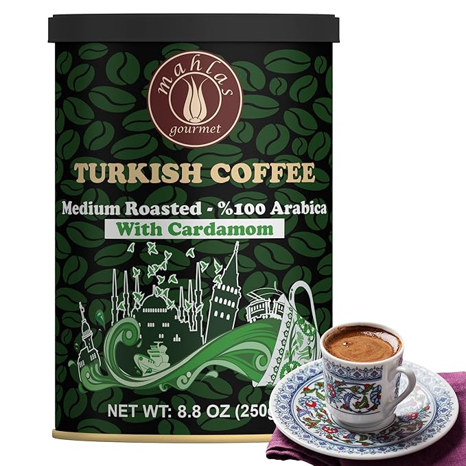 Mahlas Gourmet Turkish Coffee With Cardamom - Premium Quality Freshly &amp Finely Ground 100% Arabica Coffee Beans