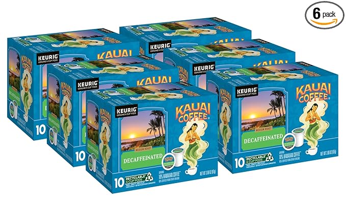 Kauai Coffee K-Cup Pods for Keurig Brewers – Arabica Coffee 10% Hawaiian – Medium Roast Bright Aroma with Floral Notes – Decaf 6 Packs of 10 Single Serve K-Cups