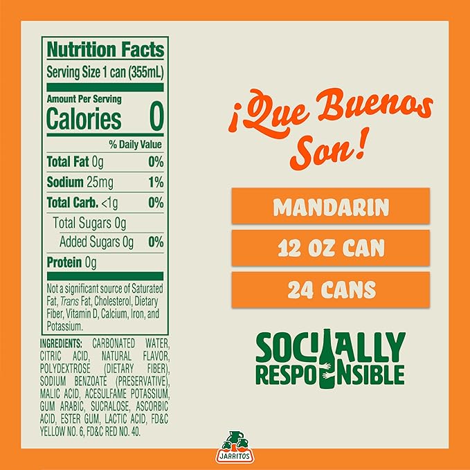 Jarritos - Mexican Soda Soft Drinks Mandarin ZERO Sugar (12 oz 355ml) 24 Cans (3 Boxes of 8) - Sugar Free - 0 Calories 0g Fat - Made in Mexico - Natural Flavor Soda Pop - Party &amp BBQ Beverages