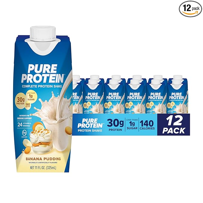 Pure Protein Complete Protein Shake Banana Pudding 30g High Protein Drink Less than 1g Sugar 3g Fiber Ready to Drink Non GMO On-the-Go Shakes 11oz Bottles 12 Pack
