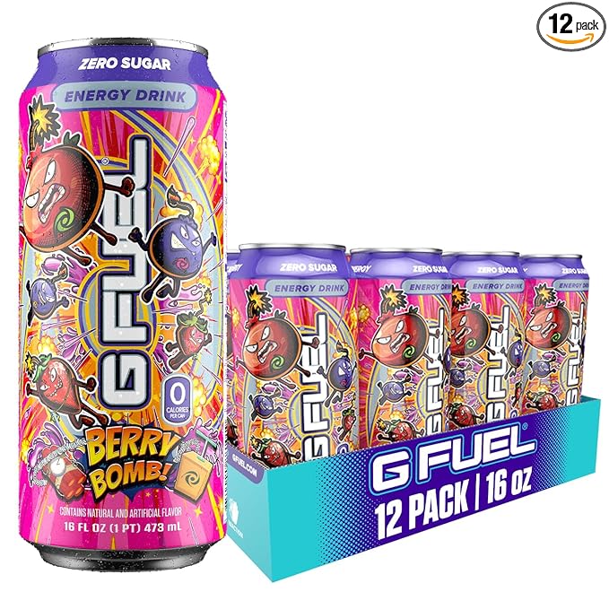 G Fuel Energy Drink Berry Bomb Sugar Free Carbonated Beverage with 300mg Caffeine Daily Energy Boost with Focus Amino Vitamin + Antioxidants 16 oz Cans (Berry Bomb 12-Pack)