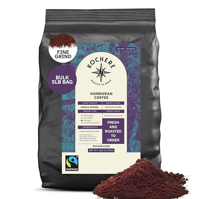 Honduran Coffee Espresso Grind Medium Dark Roast 5LB – Single Origin Arabica Beans from Marcala Fair Trade Fresh Roasted to Order by Kochere