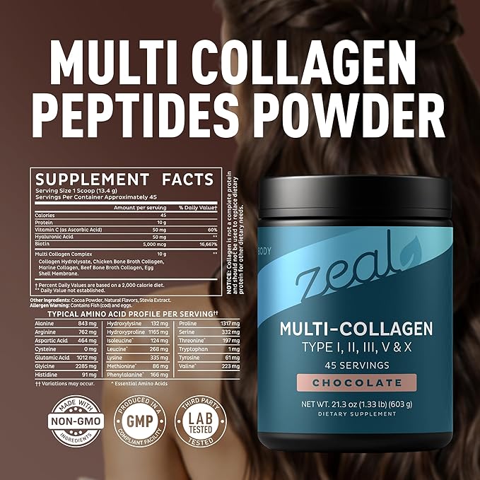 Premium Multi Collagen Peptides Powder (1 2 3 5 &amp 10) with Protein. Vitamin C Biotin Hyaluronic Acid for Hair Skin and Nails - Marine Bovine Chicken &amp Eggshell (Chocolate 45 Servings)
