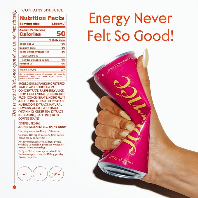 Journée Wellness Energy Drink Natural Caffeine Lion’s Mane L-Theanine 125 mg Caffeine Real Fruit Juice All Natural 0 Added Sugar Cognition Immunity - Raspberry Dragonfruit – 12 Pack