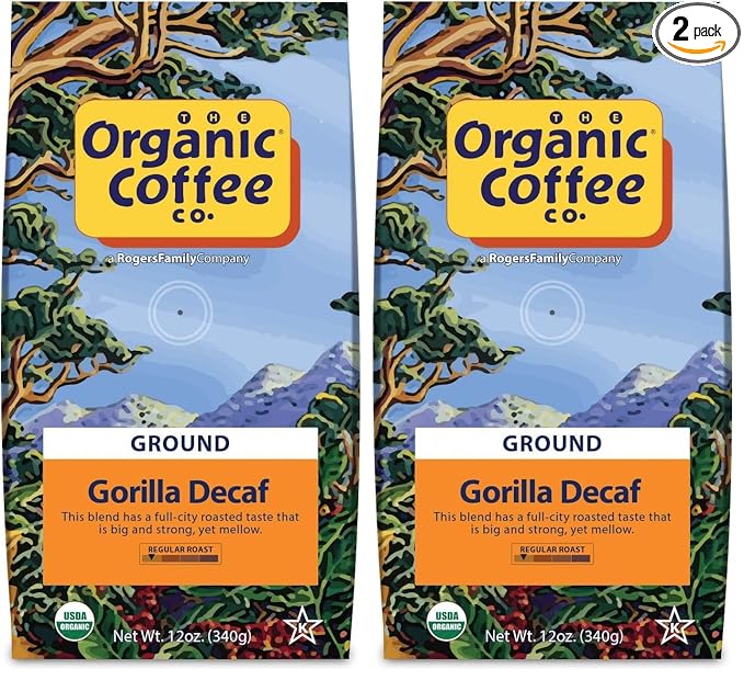 Organic Coffee Co. Gorilla Decaf Ground Coffee 12 Ounce Medium Light Roast Natural Water Processed Decaffeinated USDA Organic (Pack of 2)