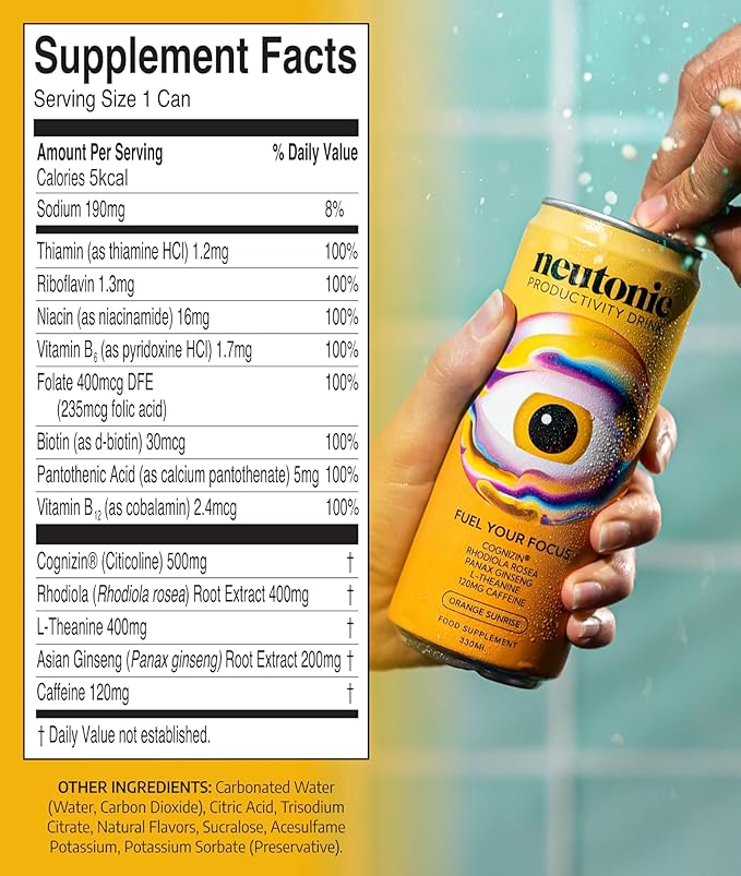 Neutonic Nootropic Productivity Energy Drink | Orange Sunrise 12 Cans | 120mg Natural Caffeine Zero Sugar | Support Memory Mental Clarity Cognitive Function | Boost Focus Energy Brain Health