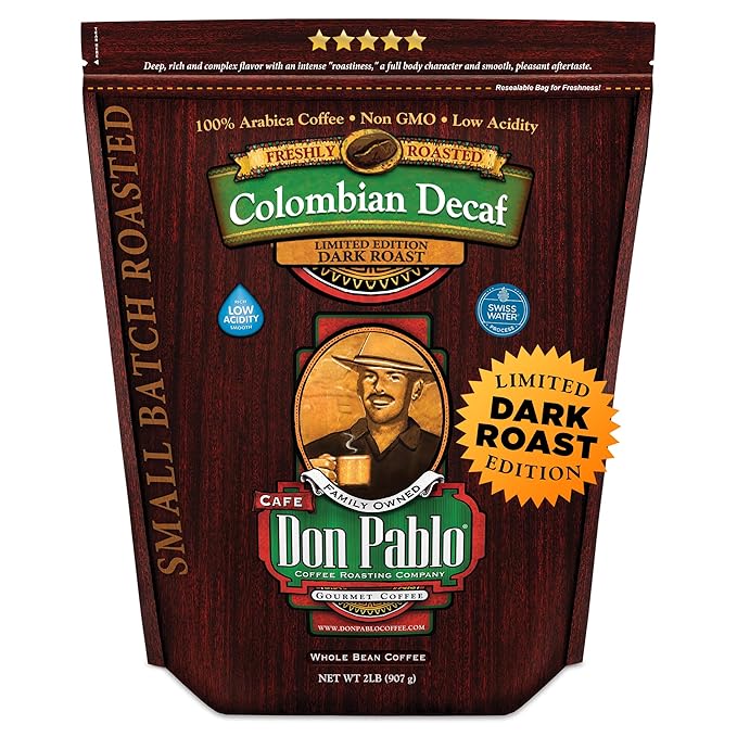 Don Pablo Colombian Decaf - Limited Edition Dark Roast Gourmet Coffee Swiss Water Process Decaf 100% Arabica Whole Bean Non-GMO Low Acidity 2 Pound (2 lb) Bag