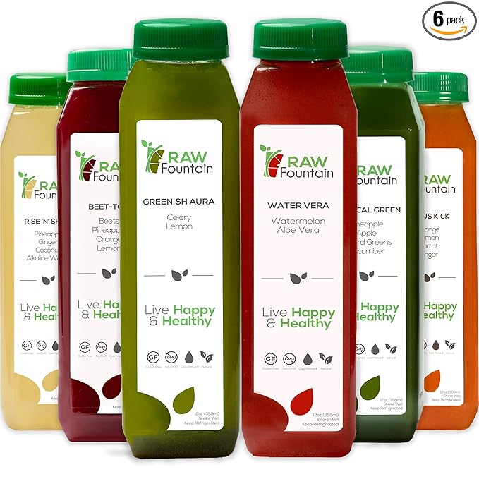 1 Day Juice Cleanse by Raw Fountain Tropical Flavors All Natural Raw Cold Pressed Fruit and Vegetable Juices Detox Cleanse Kosher Vegan NO Sugar Added 6 Bottles 12oz