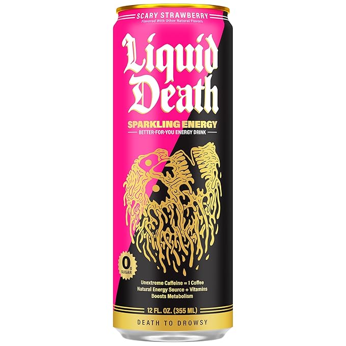 Liquid Death Sparkling Energy - Scary Strawberry Zero Sugar Energy Drink Unextreme Caffeine 100mg Essential Vitamins 12 Fl Oz (Pack of 12)